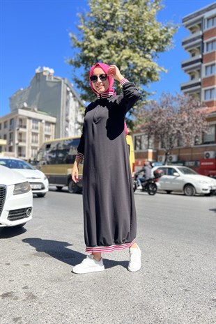 AİŞE MODA Yarım Fermuarlı Ribanası Renkli Elbise - 3010 - Siyah  Elbise