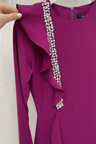 Bilen Exclusive Ön Uzun Volan Detay Taş İşlemeli Abiye Elbise - Mürdüm
