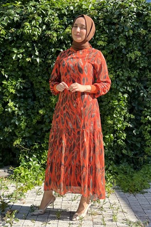 Egs Eteği Volanlı Dijital Baskı Elbise - Oranj