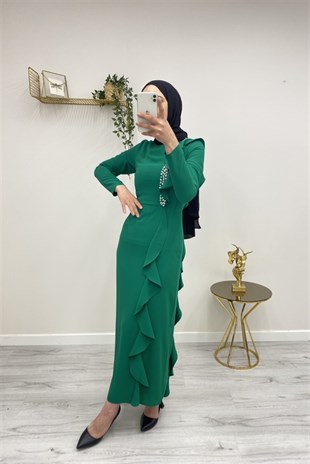 PUANE Ön Uzun Volan Detay Taş İşlemeli Abiye Elbise - Benetton